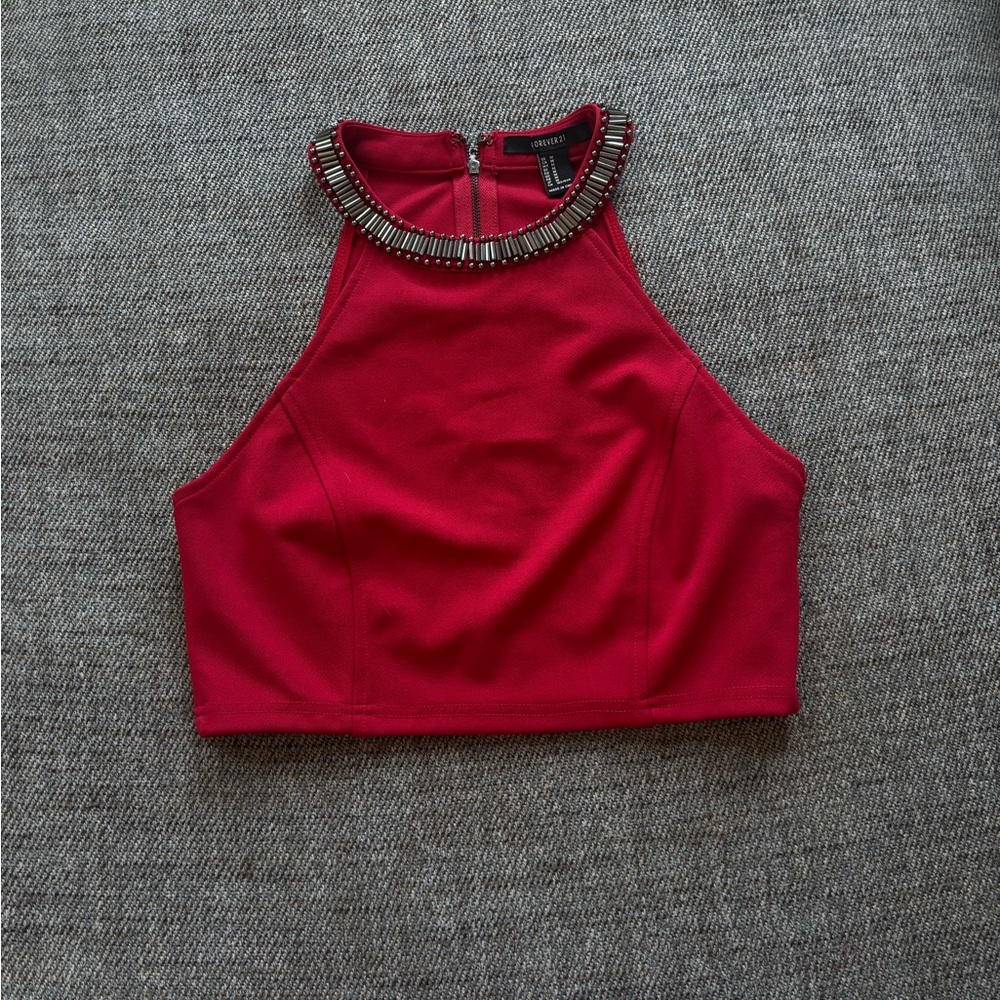 Beaded Halter Red Crop Top